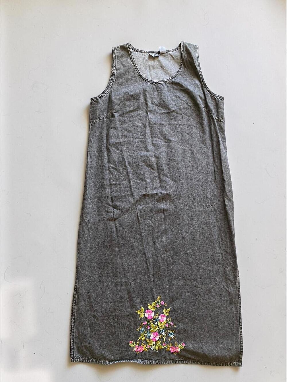 Studio West Women Dress 1X Midi Tank Shift Gray Cotton Floral Embroidered Casual